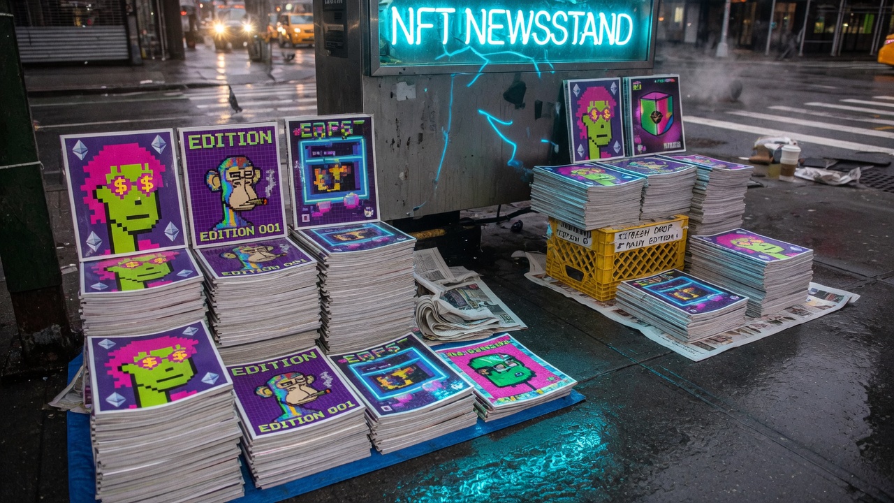 Cyan newsstand copies of the morning NFT edition stacked on wet pavement